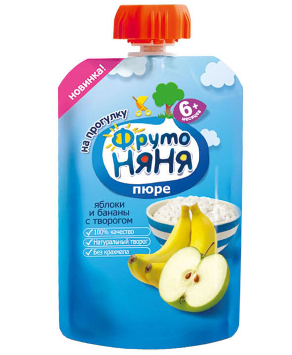 ФрутоНяня пюре яблоко/банан/творог мягкая упаковка 90 г