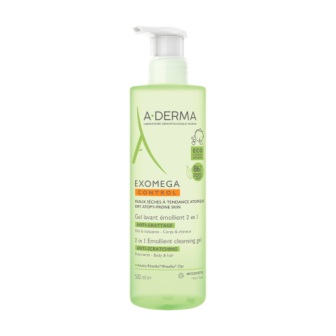 A-Derma Exomega control смягчающий/очищающий гель 2в1 для лица и волос для младенцев и детей 500 мл