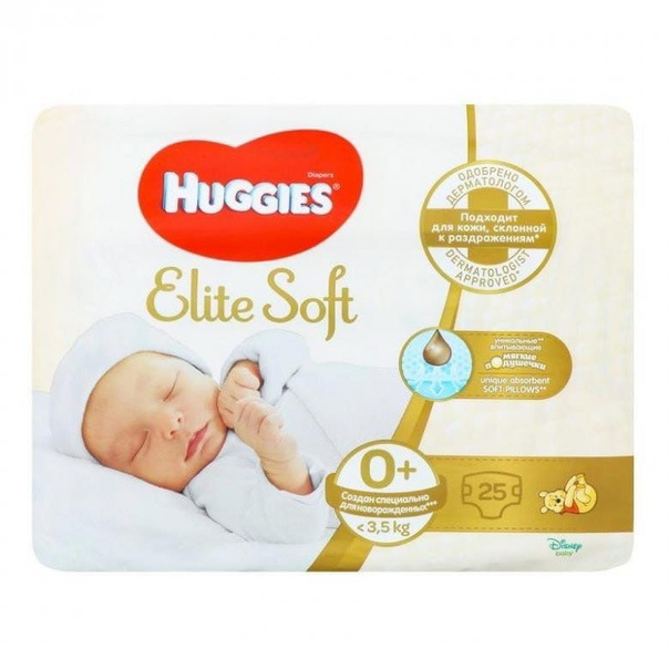 Подгузники Huggies Elite Soft размер 0+ (вес до 3,5 кг) N 25