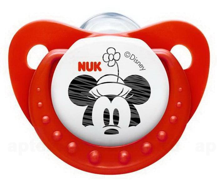Nuk Disney Микки соска-пустышка силиконовая ортодонтическая плоская с кнопкой для сна красная 0-6 мес р 1