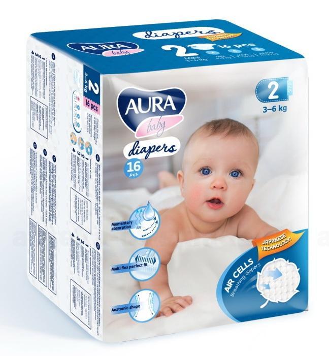 Аура baby diapers подгузники детские (размер 2) 3-6кг N 16