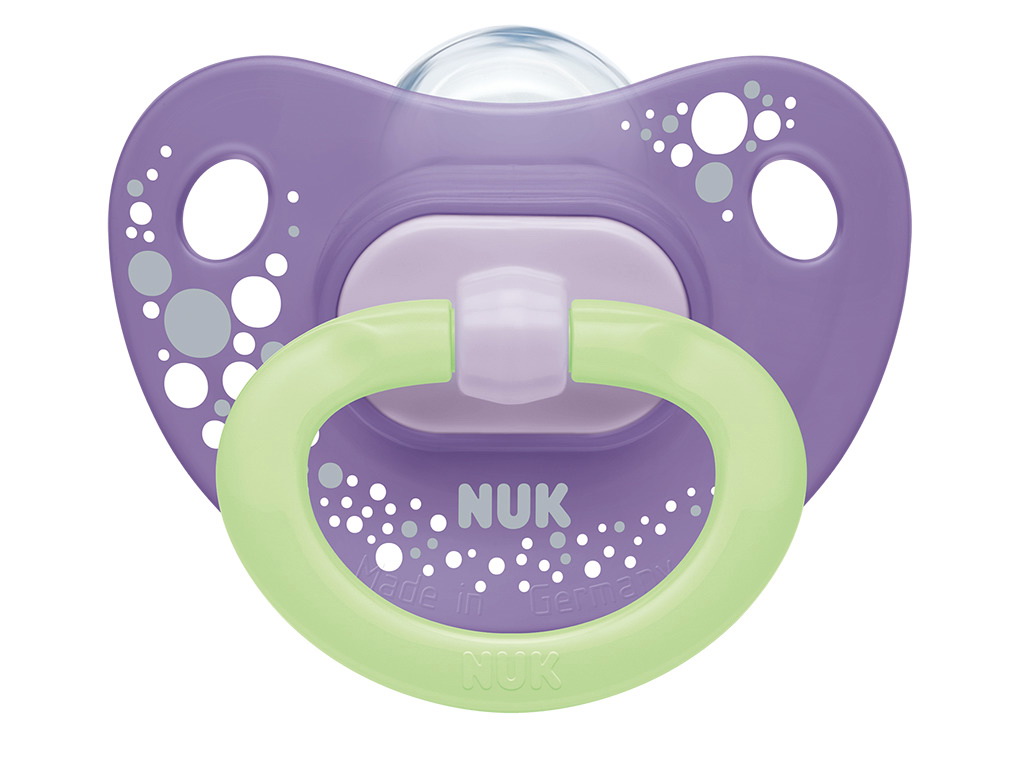 Nuk Happy Nights соска-пустышка ортодонтическая силиконовая 6-18 мес с эффектом свечения в темноте сиреневая