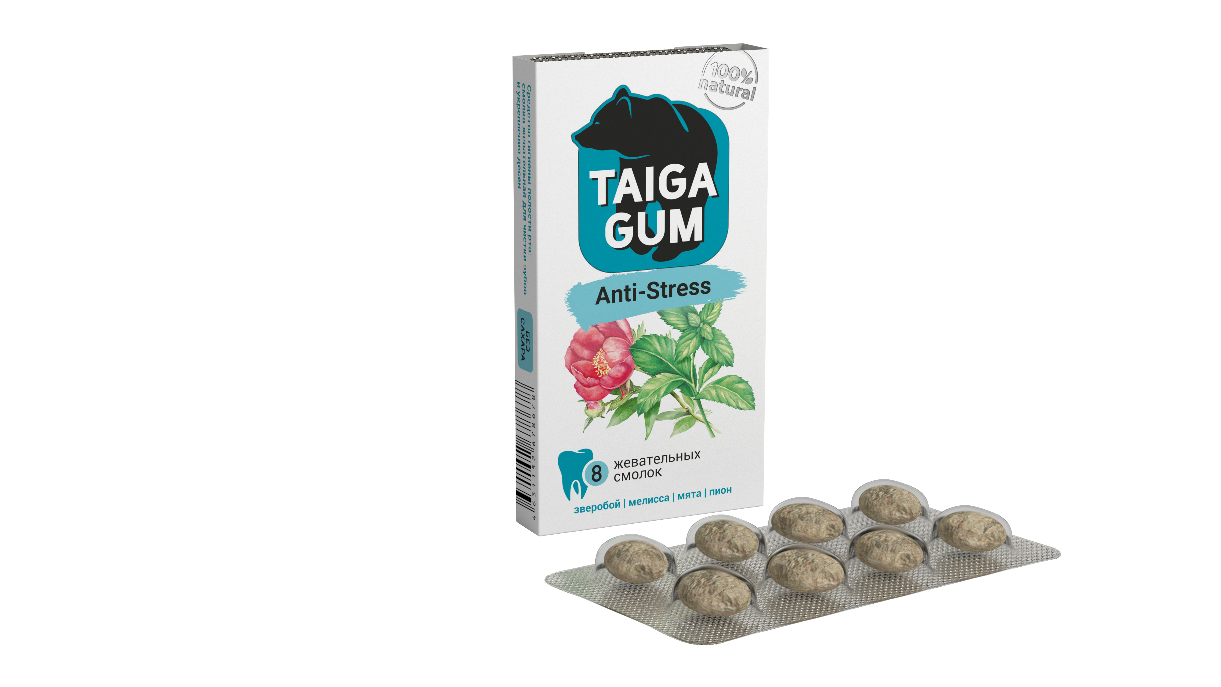 Taiga gum смолка жевательная с пчелиным воском anti-stress зверобой/мелисса/мята/пион драже без сахара N 8