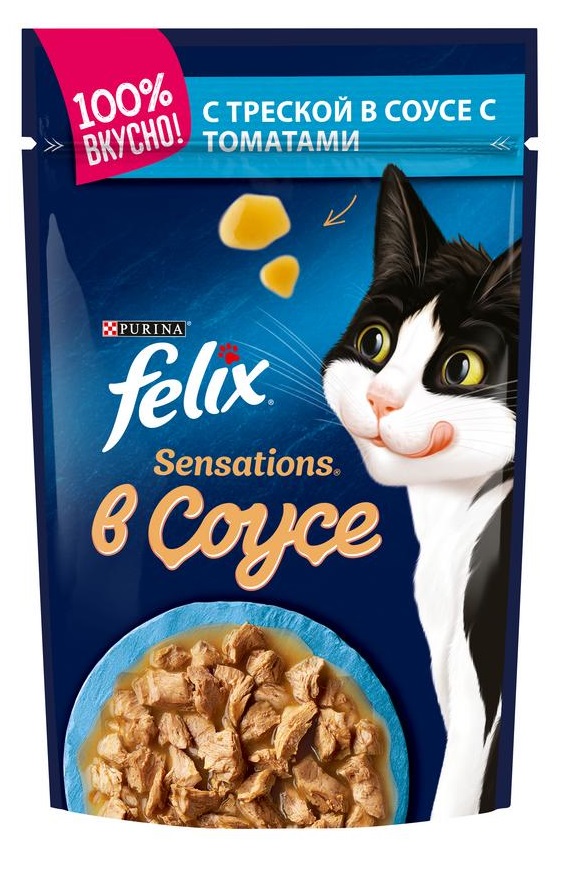 Корм для кошек Felix sensations 85 г пауч с треской и томатами в удивительном соусе