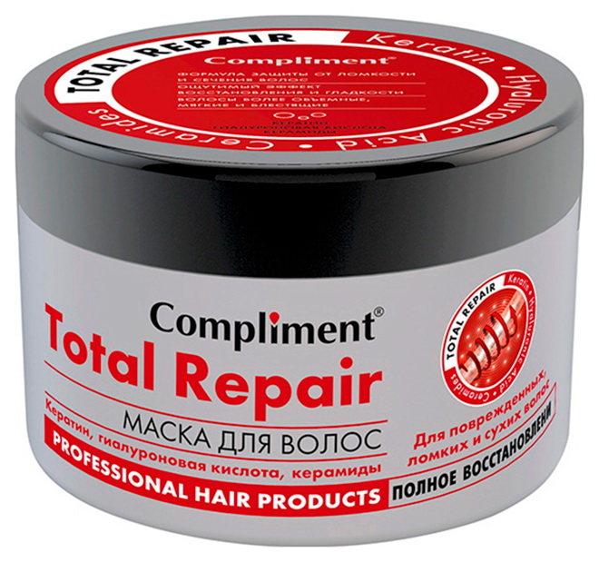 Compliment Маска для волос Total Repair с кератином гиалуроновой кислотой керамидами для поврежденных ломких и сухих волос Полное восстановление 500мл