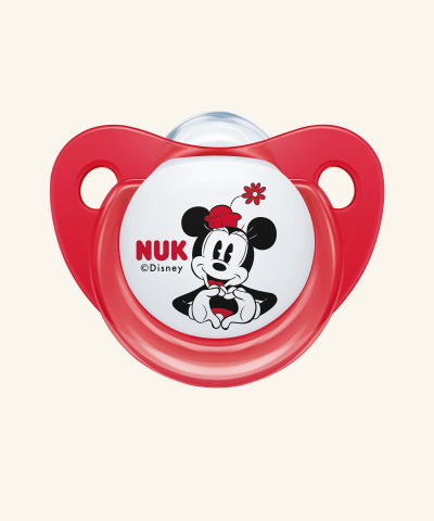 Nuk Disney Микки соска-пустышка силиконовая ортодонтическая плоская с кнопкой для сна красная 6-18 мес