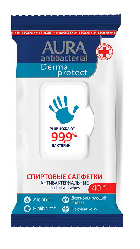 Аура antibacterial Derma protect влажные спиртовые салфетки антибактериальные N 40