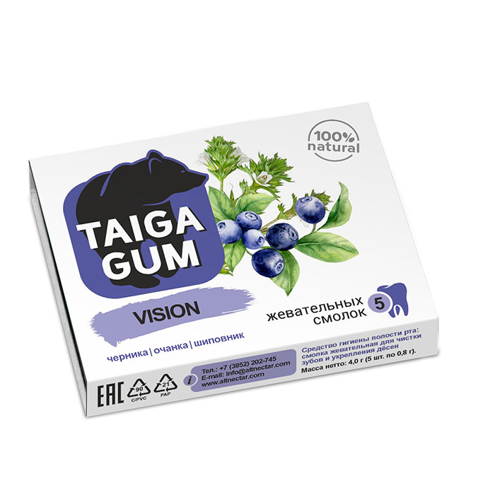 Taiga Gum Vision смолка жевательная из смолы лиственницы сибирской с пчелиным воском черника/очанка/шиповник 48г N 5
