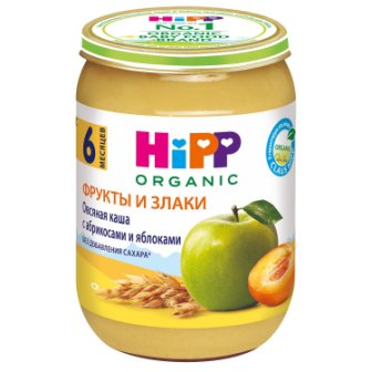 Hipp organic фрукты и злаки овсяная каша с абрикосами и яблоками без сахара 6+месяцев 190г