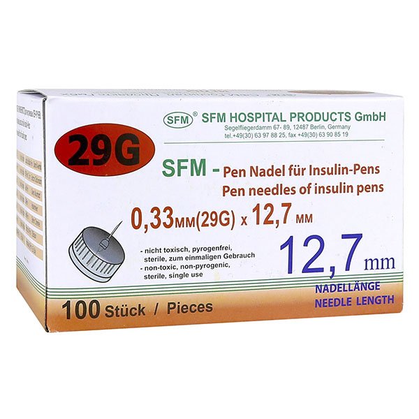 SFM Иглы медицинские инъекционные одноразовые для инсулиновых инжекторов (ПЕН ручек) 29G 0,33х12,7мм N 100
