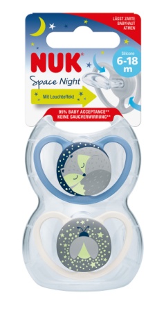 Nuk Space Night соска-пустышка ортодонтическая силиконовая для мальчиков 0-6мес  р 1/10730579/ N 2