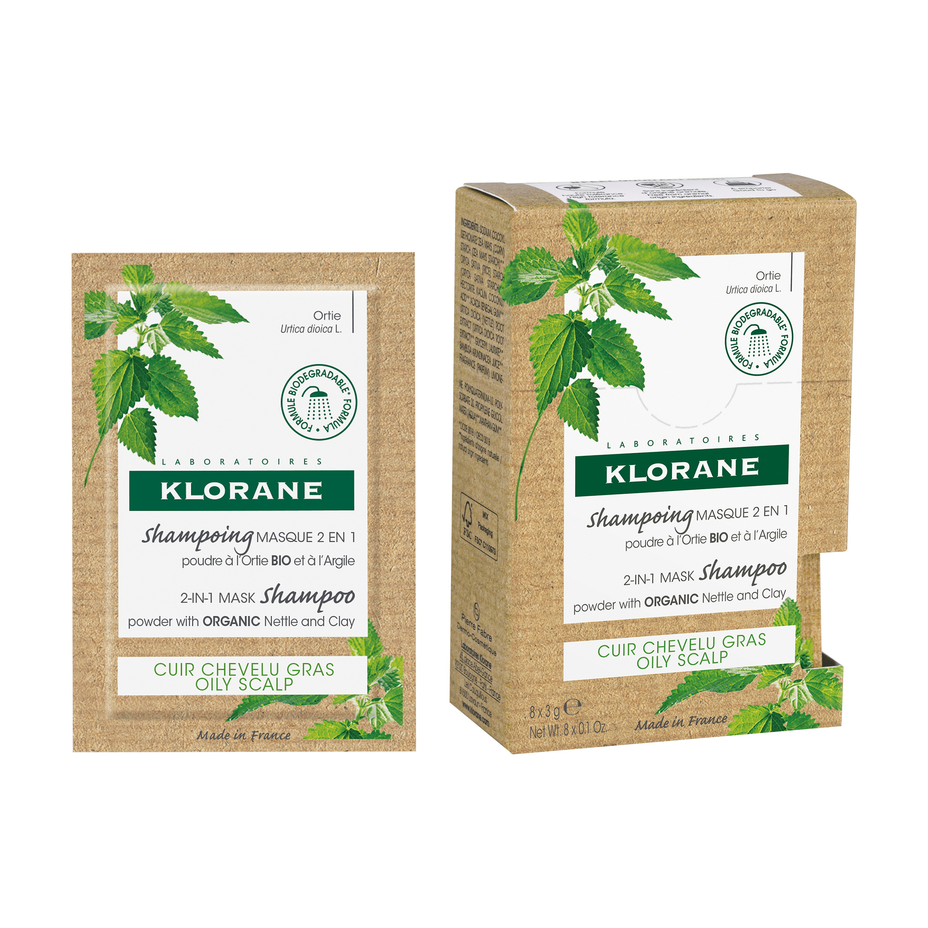 Klorane порошковый шампунь-маска 2в1 с экстрактом крапивы и глины для жирных волос пакетики 3г N 8