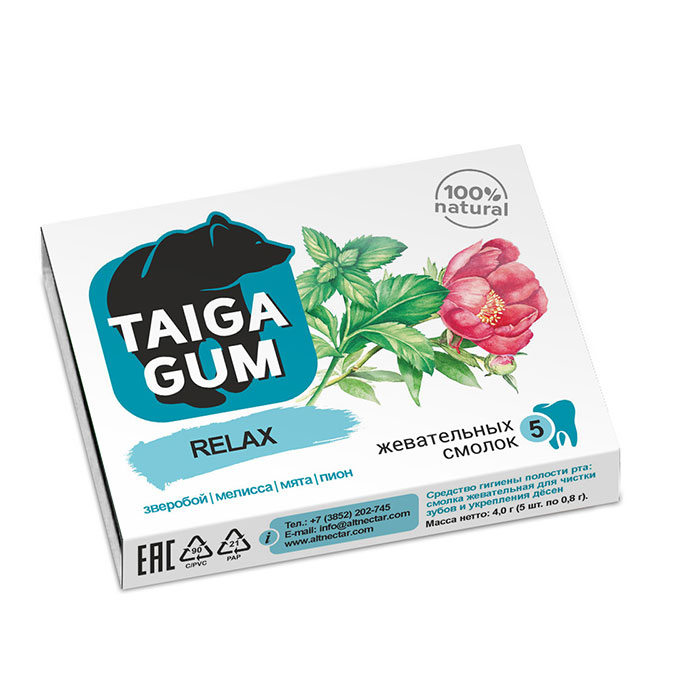 Taiga Gum Relax смолка жевательная из смолы лиственницы сибирской с пчелиным воском зверобой/мелисса/мята/пион 4г N 5