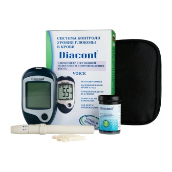 Глюкометр Diacont система контроля (голосовое сопровождение) тест-полоски 10шт+ланцеты 10шт+скарификатор+раствор