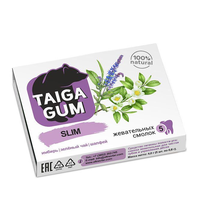 Taiga Gum Slim смолка жевательная из смолы лиственницы сибирской имбирь/зеленый чай/шалфей 0,8г N 5