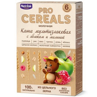 Pro Cereals Nutrilak premium каша сухая молочная мультизлаковая с яблоком и малиной 6мес+ 200г