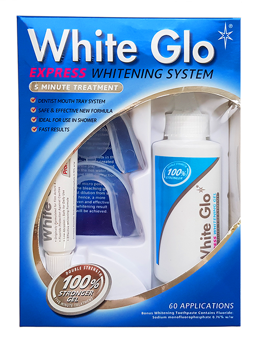 Система White Glo экспресс-отбеливания гель 100мл/пластиковые накладки 2шт/зубной порошок отбеливающий 60 применений