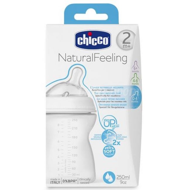 Chicco бутылочка Natural Feeling силиконовая соска с наклоном м флексорами 250мл +2мес